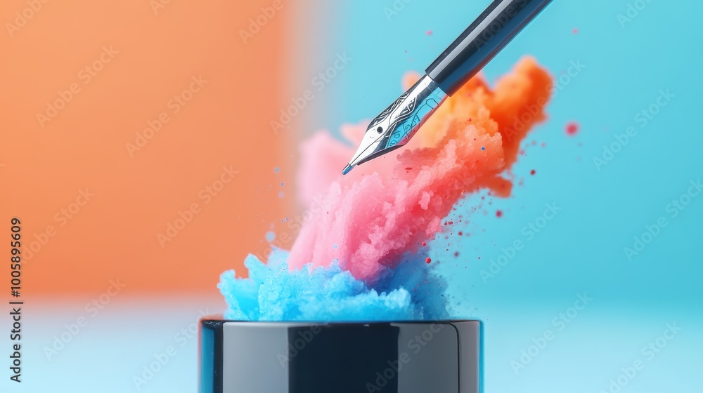Poster a macro shot of a pen tip dipping into an inkwell, showcasing the ink vibrant color and viscous text