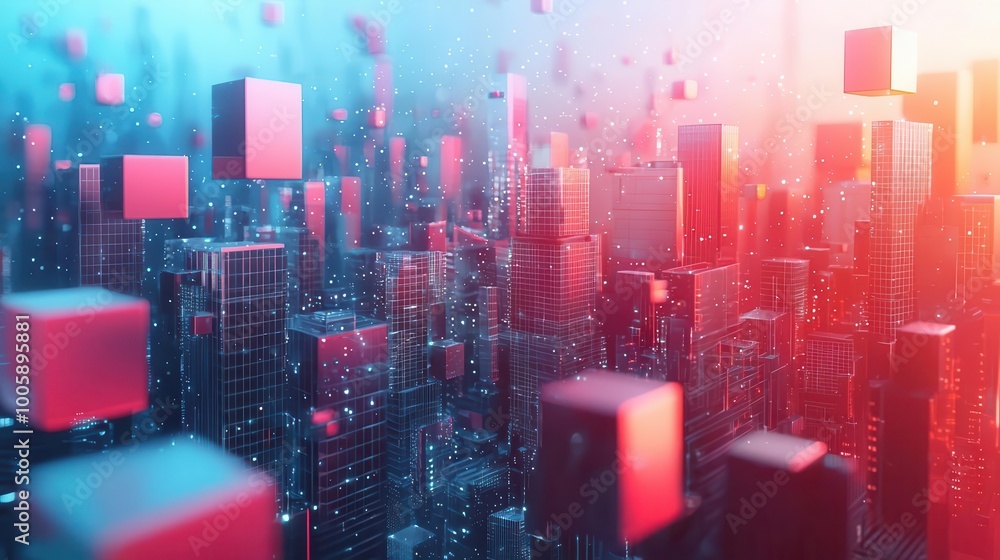 Poster create a holographic 3d abstract cityscape with geometric buildings and floating shapes