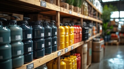 Shelves of colorful containers in a warehouse