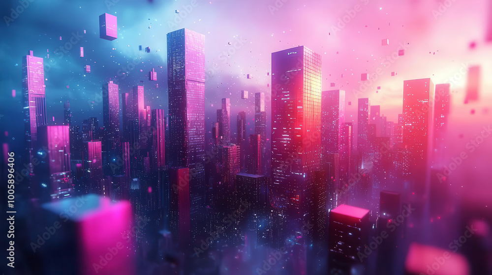 Poster create a holographic 3d abstract cityscape with geometric buildings and floating shapes