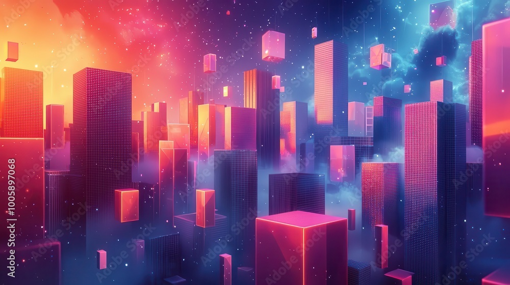 Aufkleber create a holographic 3d abstract cityscape with geometric buildings and floating shapes