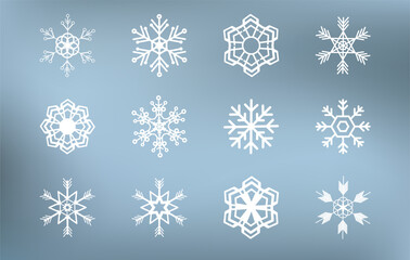 Christmas Snow Vector Icons Collection. Snowflakes Vector Icons Isolated On Blue Frosty Gradient Background. Winter Icon Silhuette Elements. Snow And Snowflake Symbols. New Year Christmas Ornament.