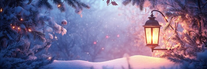 Winter Evening with Lantern in Snowy Forest Scene