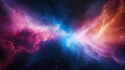 Fototapeta premium A vibrant cosmic scene showcasing swirling nebulae in shades of blue, pink, and orange against a dark space background.