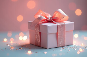 Fototapeta premium Christmas box with bow, with glitter on sparkling bokeh background, soft pastel colors. New Year card.