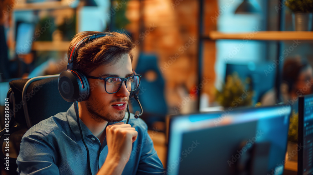 Poster support center. online consultants help clients in chats and calls. call center operators working in