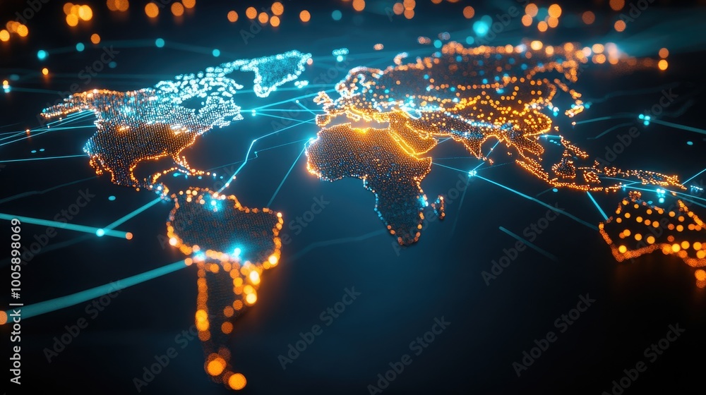 Poster a vibrant digital world map illuminated by glowing connections, showcasing global networks and data 