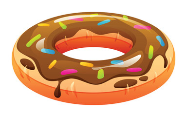 Chocolate donut shaped inflatable pool float. Vector cartoon illustration