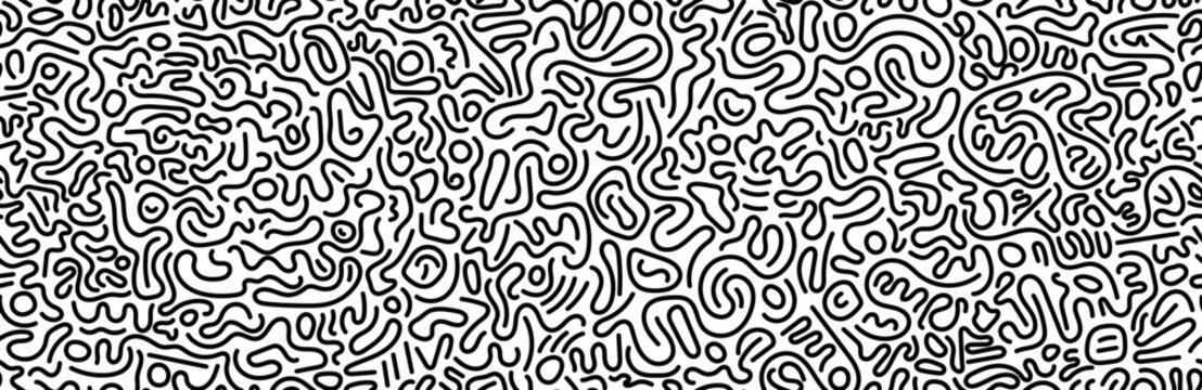 Abstract linear doodle seamless pattern. Black bold marker outline chaotic endless print on white backdrop. Modern trendy scribble urban style shapes. Monochrome diffusion lines art ink graphic design