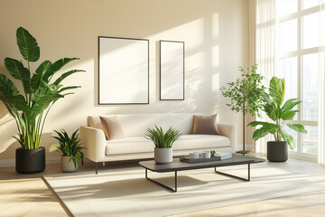 Bright minimalistic living room interior with large windows, elegant furniture, and indoor plants, offering a serene and modern home atmosphere