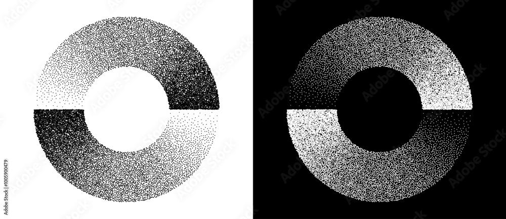 Poster Abstract art background with dotted circle. Stipple effect with chaotic noise in spiral. Black shape on a white background and the same white shape on the black side.