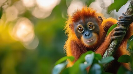 Obraz premium A vibrant monkey perched on a branch, showcasing its expressive eyes and stunning orange fur amidst lush greenery and soft sunlight.