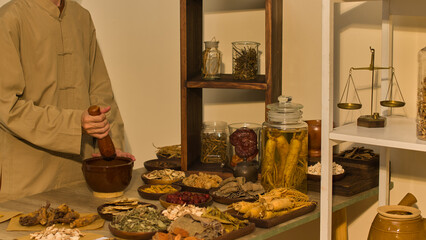 A herbalist is pounding a brown stone mortar with a wooden pestle on a table surrounded by herbs in glass and wooden containers. An examining chamber for traditional eastern medicine.