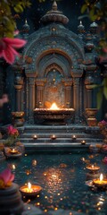 Fototapeta premium A beautiful, ornate building with a fountain in the middle. The fountain is lit up with candles, creating a warm and inviting atmosphere