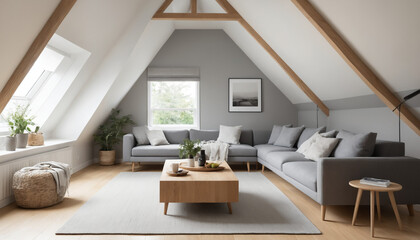 Fototapeta premium Cozy Grey Attic Living Room with Minimalist Sofa.