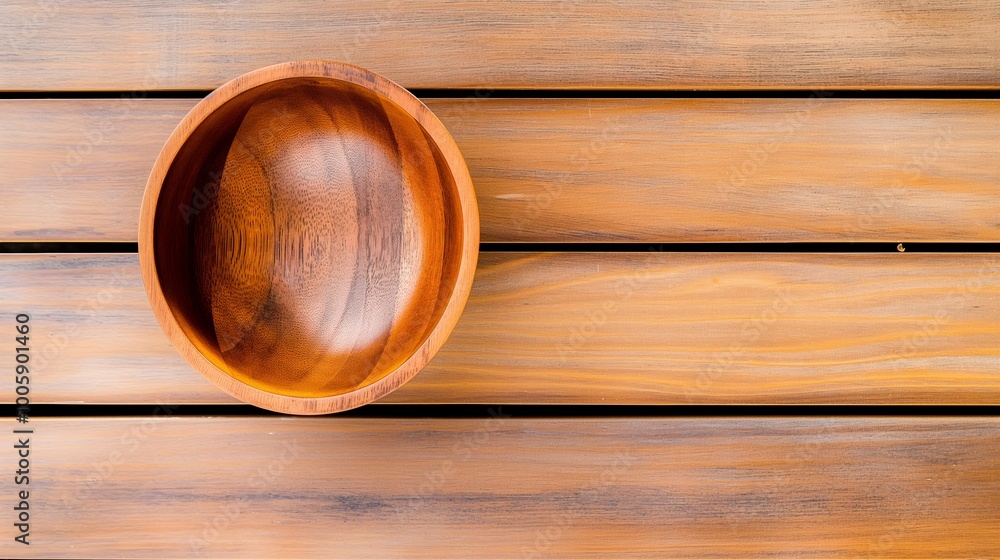 Poster wooden bowl sits on a wooden table. the bowl is empty and the table is empty