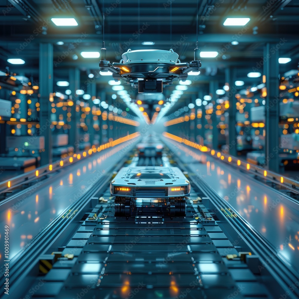Poster a high-tech supply chain logistics hub, featuring advanced transport systems and interconnected digi