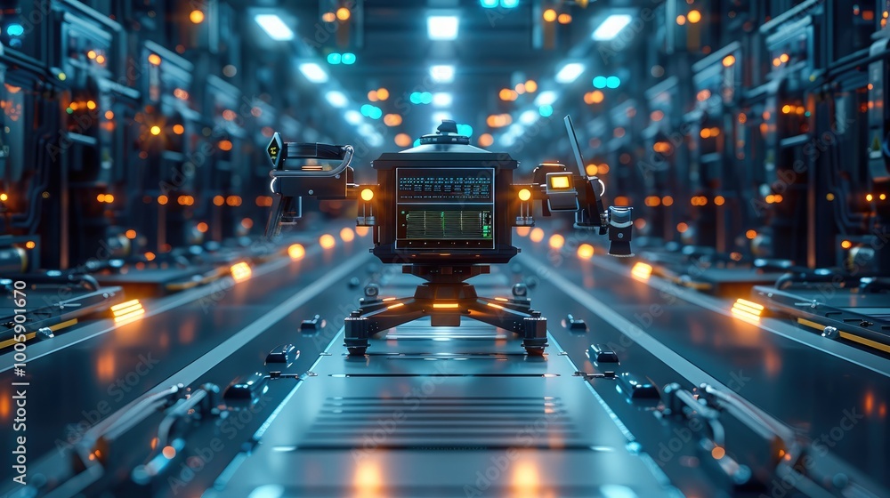 Poster a high-tech supply chain logistics hub, featuring advanced transport systems and interconnected digi