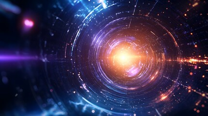 Fototapeta premium Abstract digital artwork with bright glowing concentric circles and particles