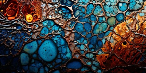 A painting of a blue and orange background with many small blue