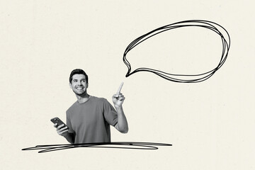 Creative collage picture young man point show finger gesture textbox communication phrase...
