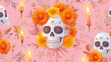 A vibrant skull design adorned with bright flowers and candles, perfect for celebrating life and the Day of the Dead.