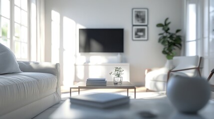 A bright, modern living room with a TV, plants, and minimalist decor.
