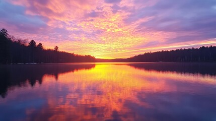 Naklejka premium Sunlight reflecting off a calm lake at sunset, with the sky turning brilliant shades of orange and pink