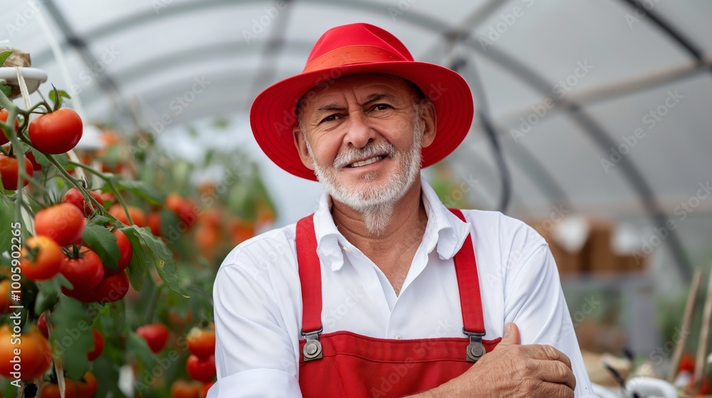 Poster man in a red hat and apron is smiling in front of a tomato plant. he looks happy and content