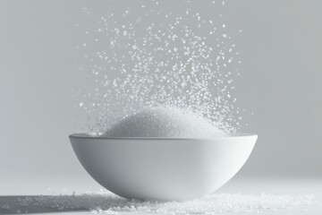Big salt granules explode upward, enhancing the artistic theme of the design. Set against a white background, the fast movement shows salt flakes falling into a bowl, forming a surreal mist