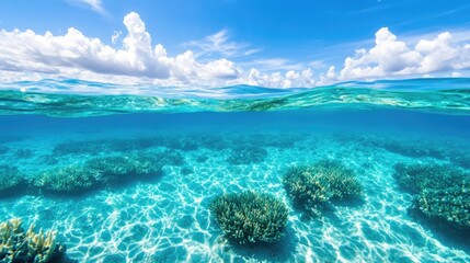 Obraz premium A vibrant underwater scene showcasing clear turquoise water and colorful coral formations beneath the sunlit surface.