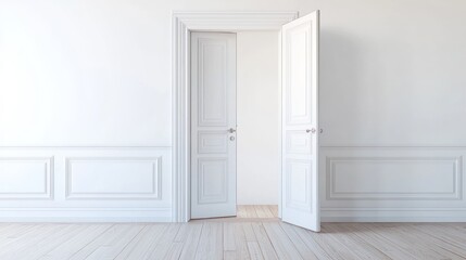 A bright, minimalist room with an open double door, inviting exploration and possibilities.