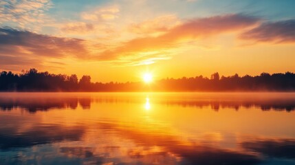 Fototapeta premium Sunrise over a peaceful lake, with the Sun reflection shimmering on the still water surface