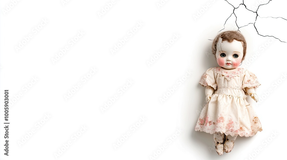 Wall mural A vintage porcelain doll with cracks, dressed in a delicate pink dress, evoking a sense of nostalgia and eerie charm.