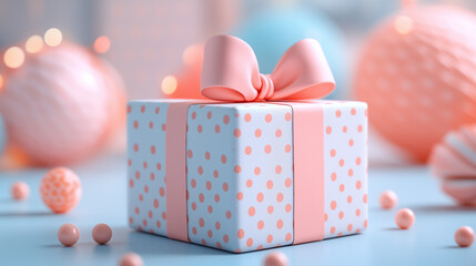 A beautifully wrapped gift box with pink bow sits against soft blue background, surrounded by pastel decorations. polka dot design adds playful touch to festive atmosphere.