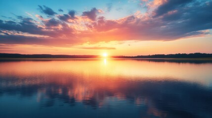 Naklejka premium Sunset over a calm lake, with the Sun sinking below the horizon and casting colorful reflections on the water