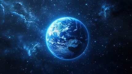 The Earth as a glowing blue orb in space, its atmosphere faintly visible with clouds and continents beneath