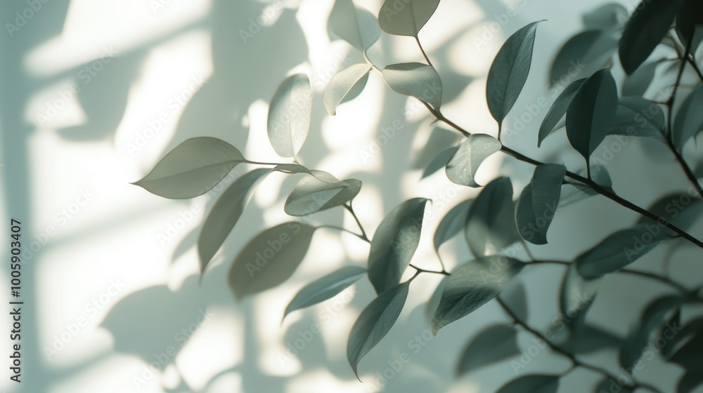 Poster a serene composition of leaves casting shadows on a wall, creating a calming atmosphere.