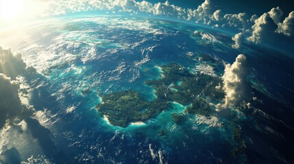 The Earth illuminated by sunlight, with vibrant blue oceans, green forests, and white clouds floating in the atmosphere