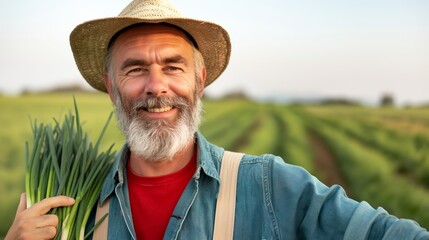 Fototapeta premium Man with a straw hat and a red shirt is smiling and holding a bunch of green onions