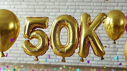 fifty thousand subscribers celebration foil golden balloons text "50K" with many colorful flying confetti - Powered by Adobe