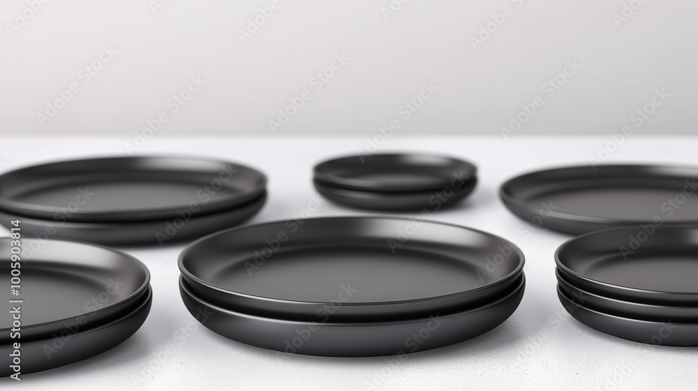 Poster collection of black and white plates arranged in a circle. the plates are of different sizes and sha