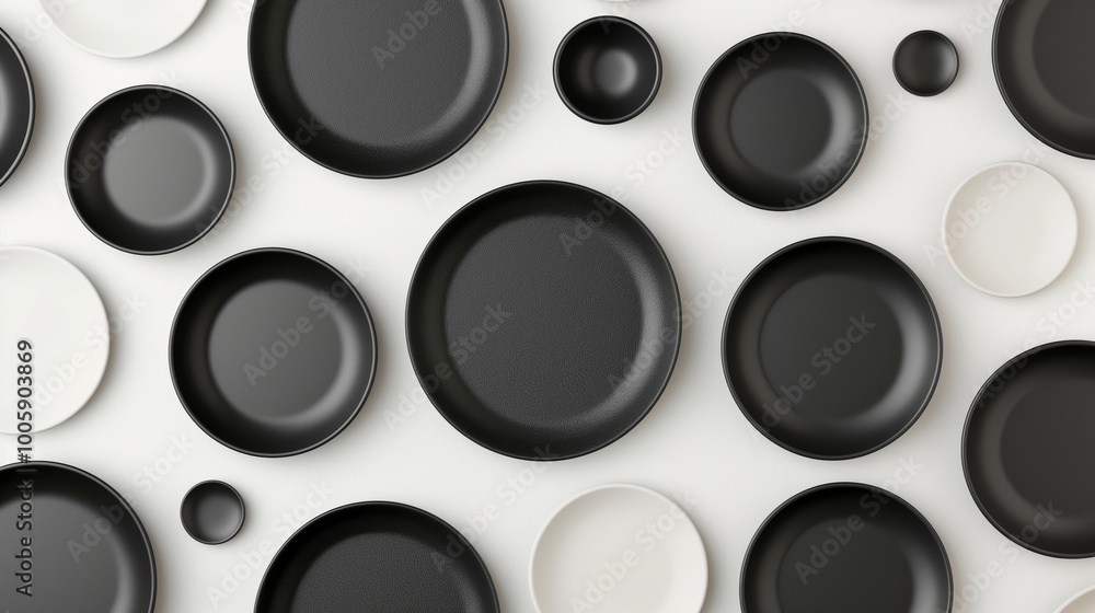 Poster collection of black and white plates arranged in a circle. the plates are of different sizes and sha
