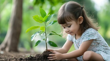 A young child planting a small tree in the ground, fostering love for nature and the environment in a serene outdoor setting.