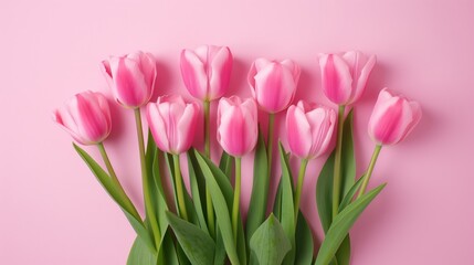 Fototapeta premium Pink tulips are arranged in a row on a pink background. The flowers are the main focus of the image, and they create a sense of beauty and elegance. The pink background adds a touch of softness