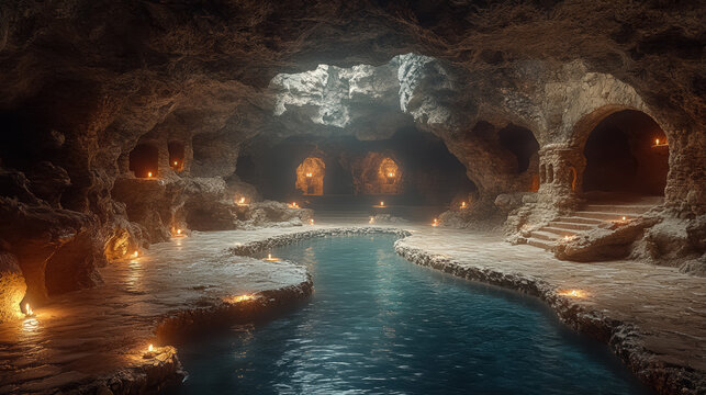 Underground city with river and rooms, fantasy of lost cave town