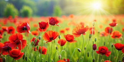 Fototapeta premium Vibrant red poppies standing out in a lush green field, poppy, flower, red, vibrant, beautiful, nature, meadow, grass, bloom, blossom