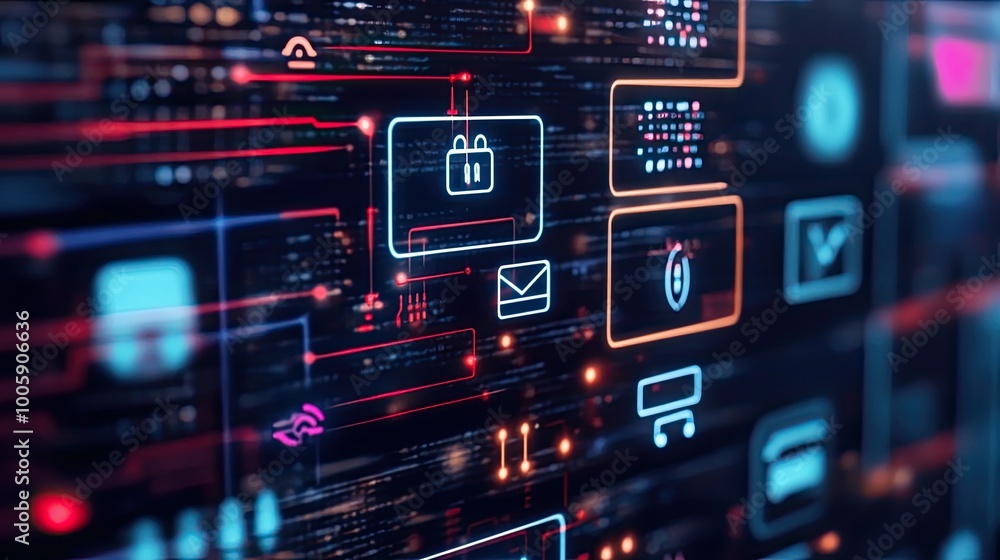 Poster abstract digital interface with diverse icons representing technology and communication concepts in 