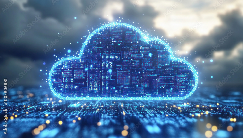 Poster cloud computing technology with glowing cloud symbol emerging from circuit board