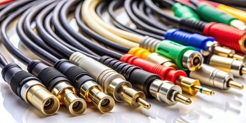 Close-up of various audio connectors and cables , audio connectors, cables, technology, music, sound, equipment, studio